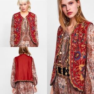 Zara Beaded Embroidered Velvet Boho Vest S Red